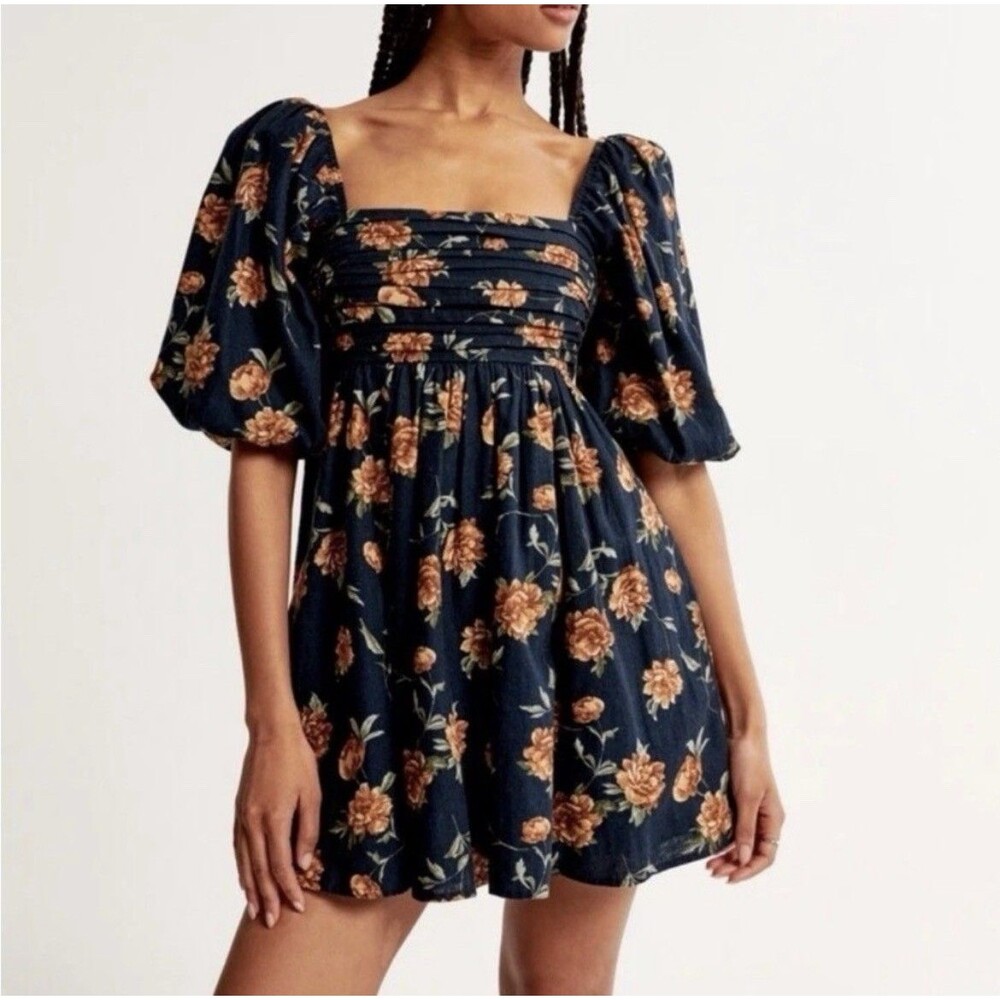 Abercrombie & Fitch Women's Emerson Linen Blend Puff Sleeve Dress Sz XXSP Pocket